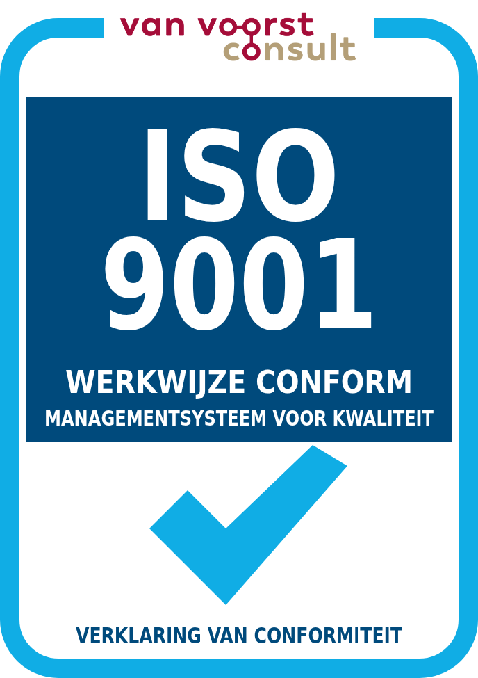 Werkwijze conform ISO 9001, verklaring van conformiteit van Van Voorst Consult